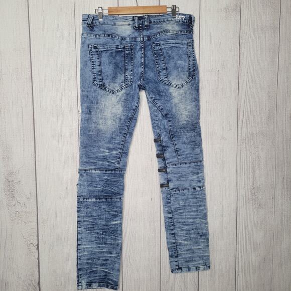 RS7 Royal 7 Acid Wash Distressed Zipper Knee Whiskering Skinny Jeans Size 34x33 - Picture 6 of 9